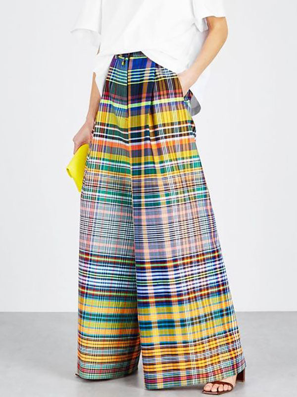Pantalon élégant ample imprimé décontracté à jambes larges, à damier