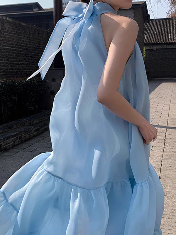 Robe mi-longue ample sans manches, à col licou, couleur unie