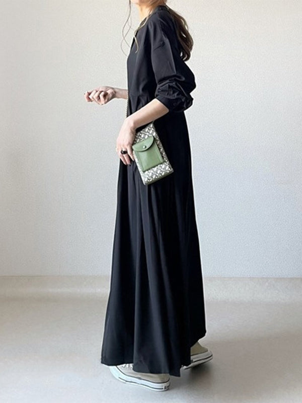 Robe chemise ample plissée à manches longues, à empiècements, à col rond, couleur unie