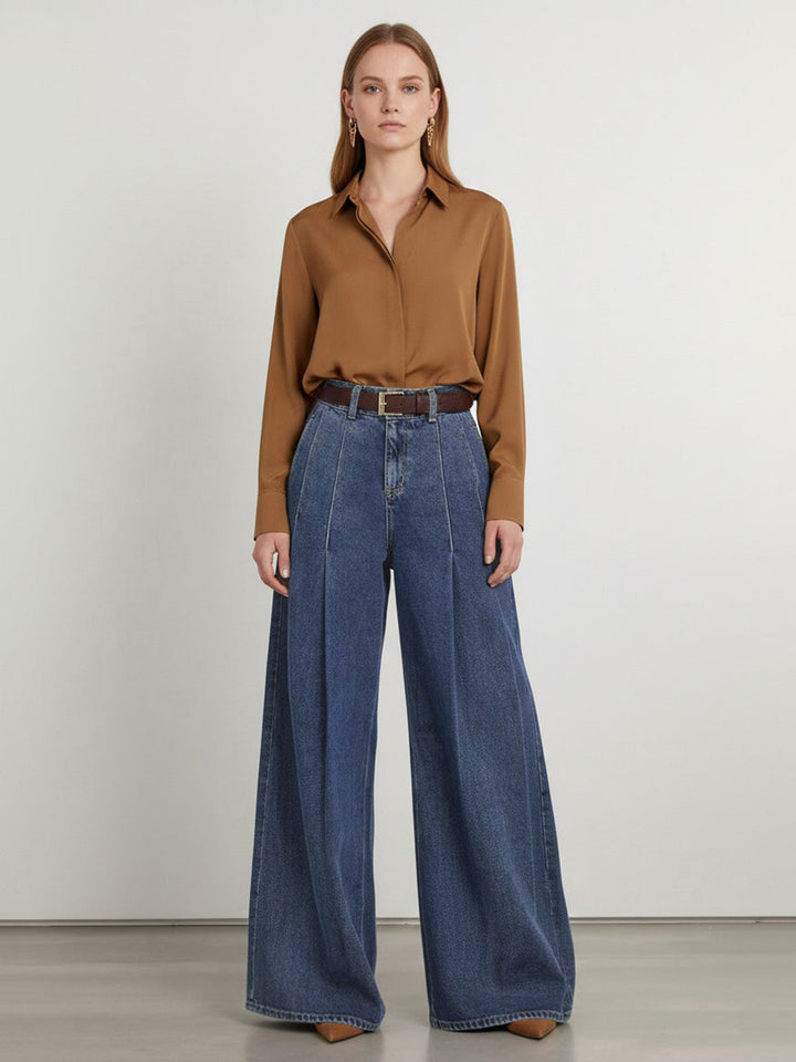 Pantalon plissé à taille élastique, taille haute, avec ceinture, à poches, à empiècements, couleur unie