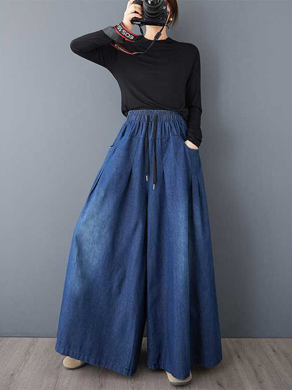 Jean ample plissé taille haute, à cordon de serrage, à taille élastique, à poches