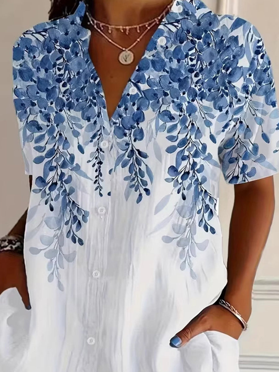 Chemisier ample boutonné grande taille, à imprimé floral, à col revers, couleur contrastée