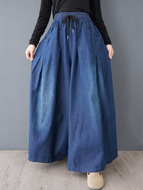 Jean ample plissé taille haute, à cordon de serrage, à taille élastique, à poches