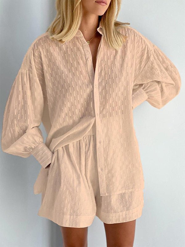 Ensemble deux pièces boutonné à ourlet plongeant, à manches longues, en jacquard, à col revers, couleur unie – chemise + haut + short