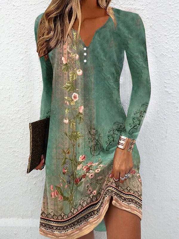 Robe courte ample à manches longues, à imprimé floral, à col en V