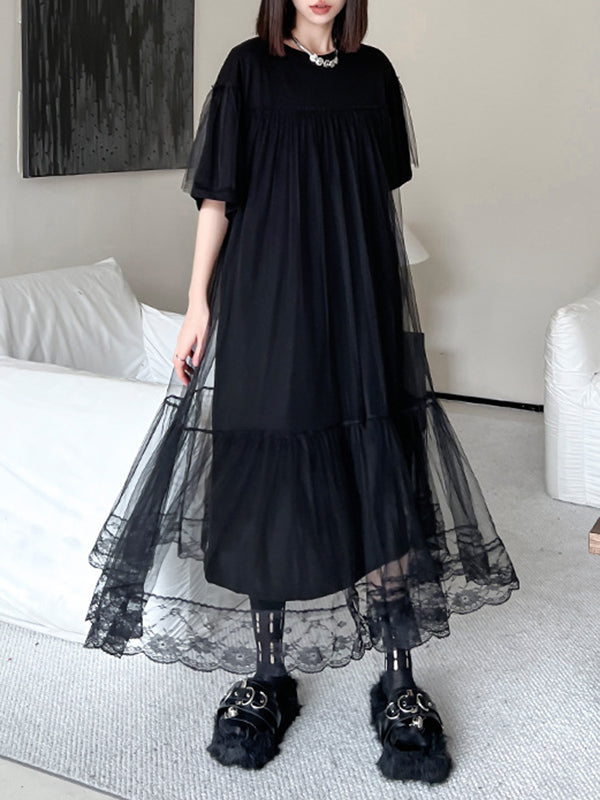Fausses robes mi-longues en gaze ample plissées en deux pièces, couleur unie, à empiècements, à plusieurs niveaux, col rond