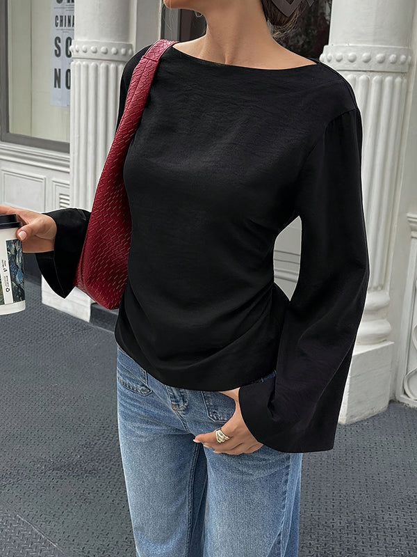 T-shirt à taille élastique, à manches évasées, à empiècements, à taille nouée, à col rond, couleur unie