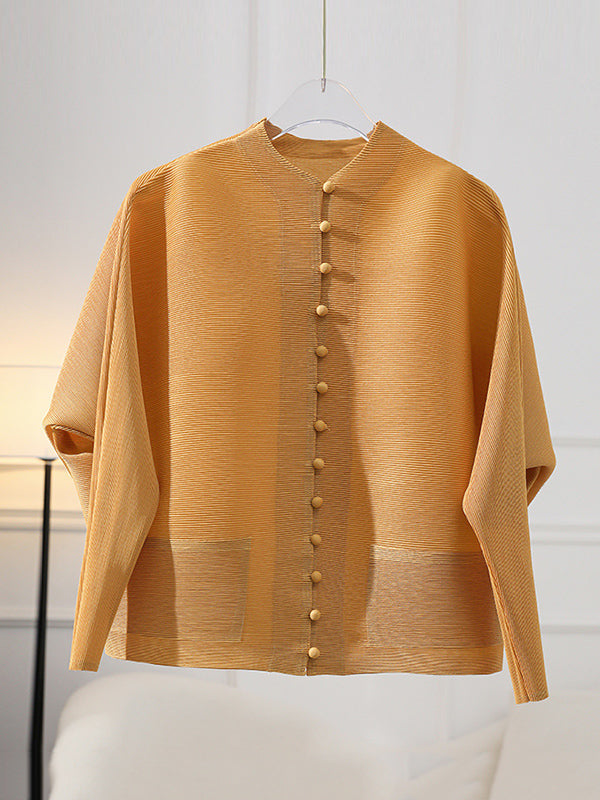 Veste ample boutonnée plissée à manches longues, à poches, à col rond, couleur unie