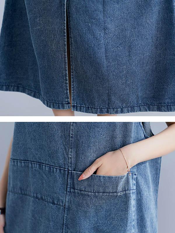 Robe mi-longue ample sans manches, en jean, à col en V