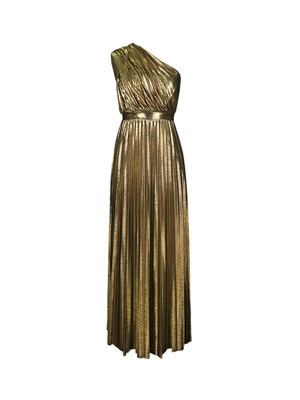 Robe longue ample asymétrique plissée brillante taille haute, asymétrique à une épaule, couleur unie