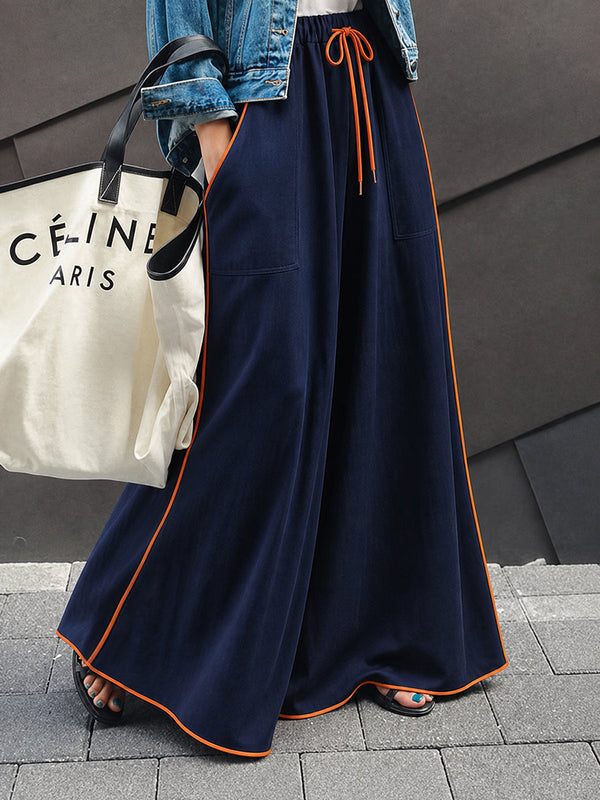 Pantalon ample à poches, à taille élastique, à cordon de serrage, à jambes larges, couleur contrastée