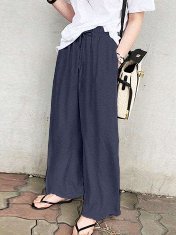 Pantalon ample taille haute, à cordon de serrage, à poches, couleur unie
