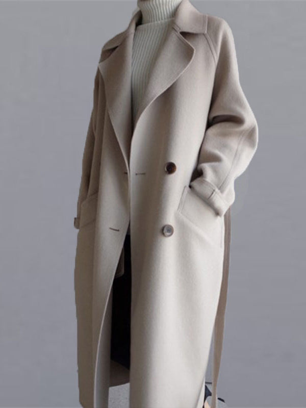 Manteau en laine urbain ample avec ceinture, couleur unie