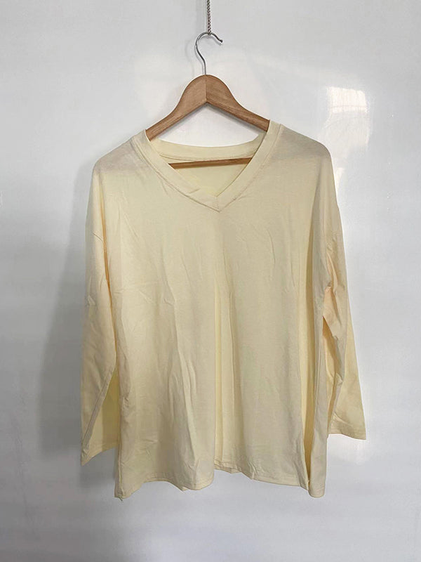 T-shirt ample transparent à manches longues, à empiècements, à col en V, couleur unie