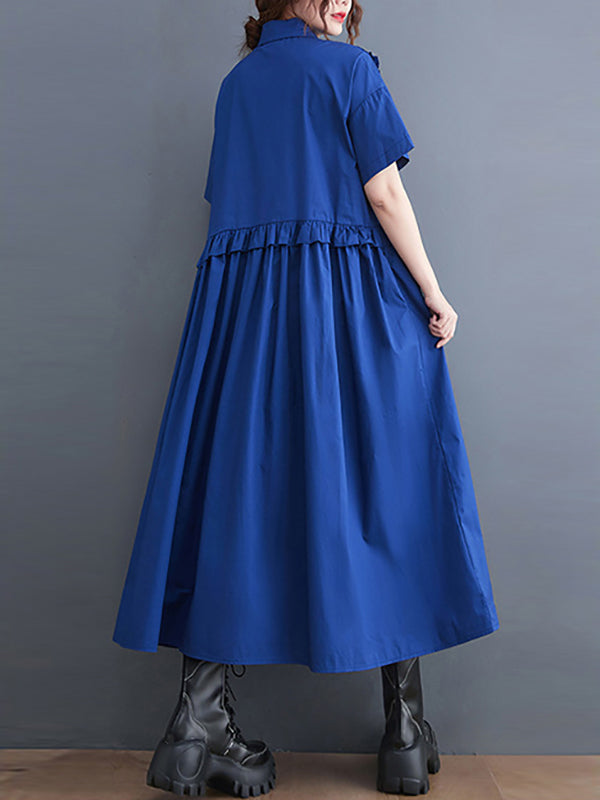 Robe chemise mi-longue de couleur unie, simple, manches courtes, ample, boutonnée, Volants, à empiècements