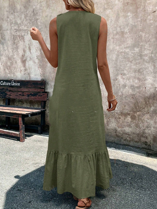 Robe longue ample plissée coupe trapèze, à bordure volantée, à col en V, couleur unie