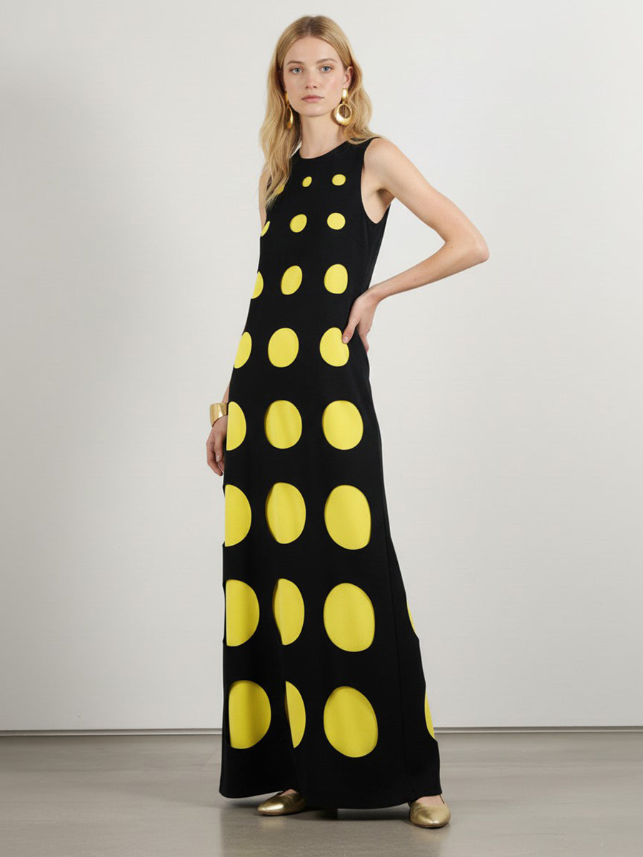 Robe longue ample sans manches, à pois, à empiècements, à col rond, couleur contrastée