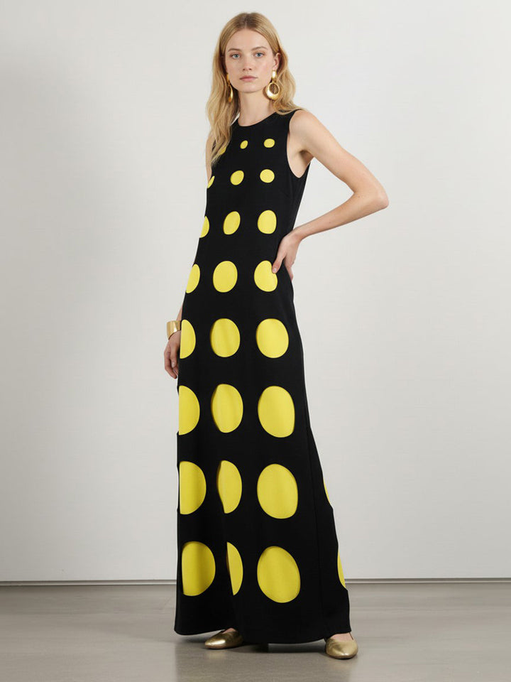 Robe longue ample sans manches, à pois, à empiècements, à col rond, couleur contrastée