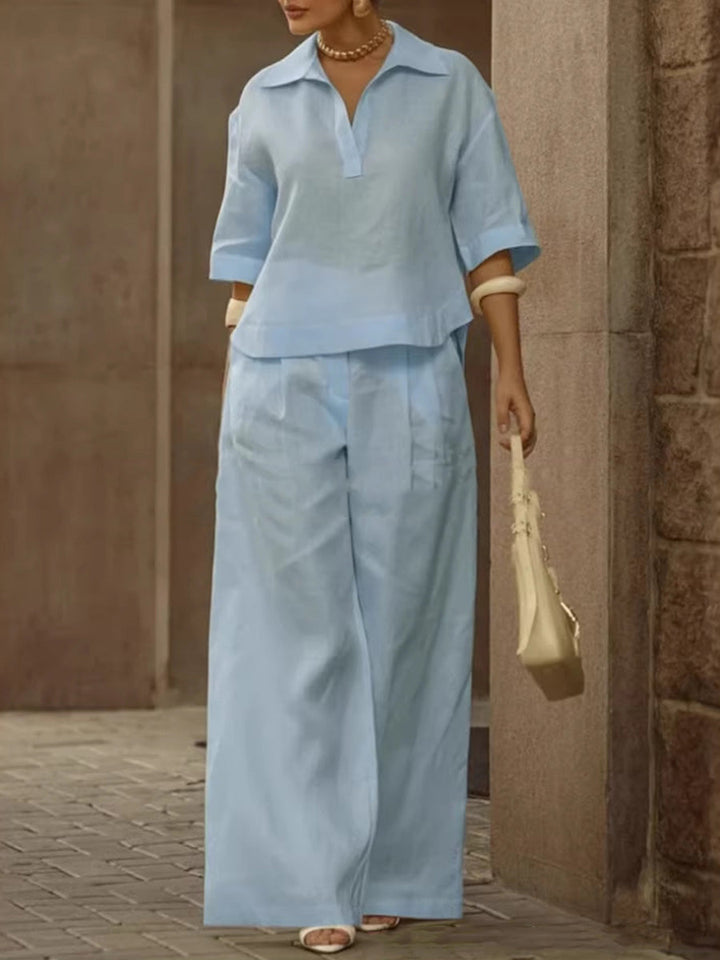 Ensemble deux pièces plissé à manches mi-longues, à col revers, taille haute, couleur unie – chemisier + pantalon