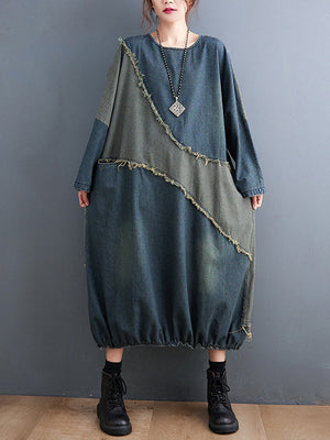 Robe mi-longue ample en jean, à col rond, à manches longues, couleur contrastée