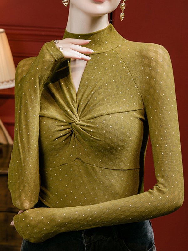 T-shirt ajouré à manches longues, grande taille, à nœud, à pois, à strass, à empiècements, à col cheminée