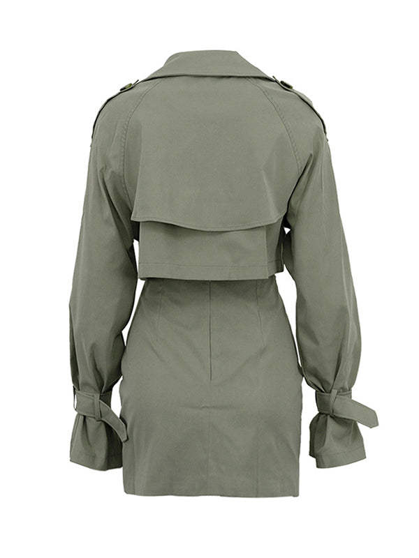 Ensemble deux pièces boutonné moulant à manches longues, à boucle, à empiècements, à col revers – veste + haut + jupe + bas