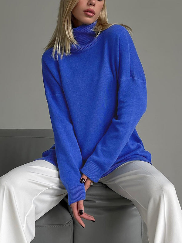 Pull décontracté ample fendu sur le côté à manches longues, à col haut, couleur unie