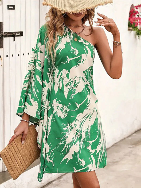 Robe courte asymétrique imprimée à manches chauve-souris, taille haute, asymétrique à une épaule