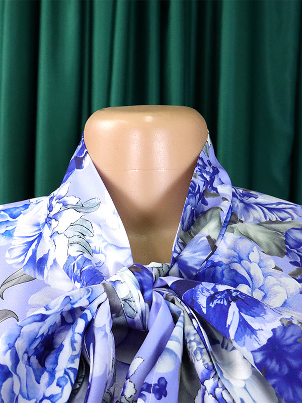 Ensemble deux pièces fendu dans le dos à manches longues, à imprimé floral, couleur unie – chemisier + jupe