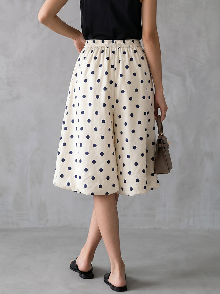 Pantalon court ample plissé taille haute, à taille élastique, à pois, couleur contrastée