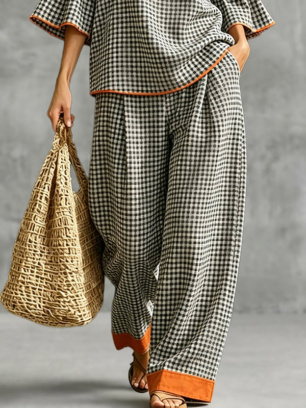 Pantalon à poches, à carreaux, à jambes larges, taille haute, couleur contrastée