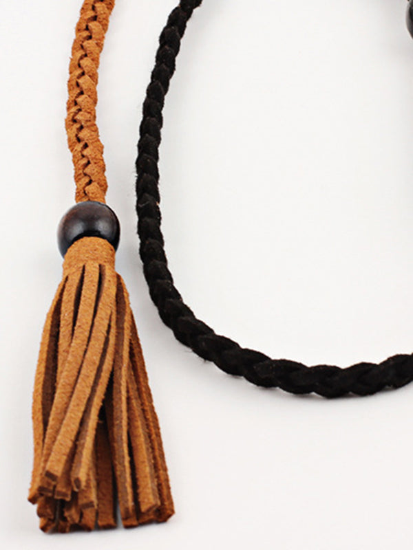 Ceinture de couleur unie à pompons en cuir artificiel de Bohême