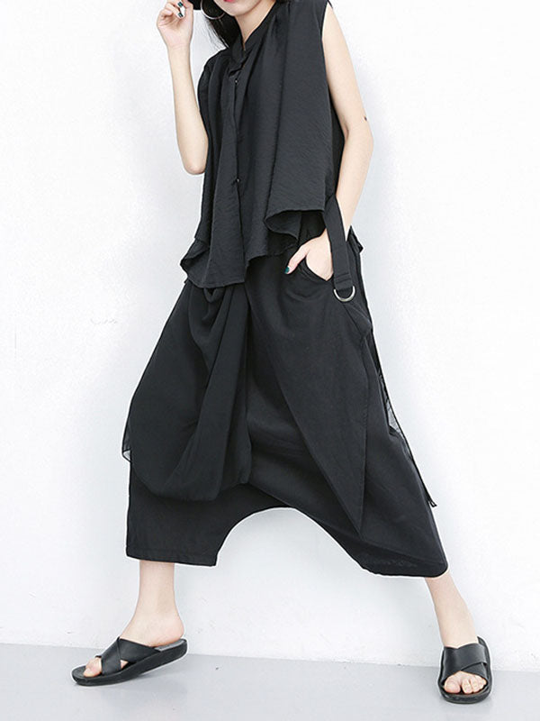 Pantalon 7/8 ample plissé couleur unie