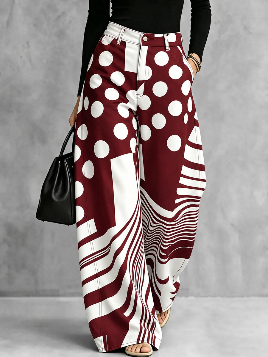 Pantalon rayé boutonné ample à fermeture éclair, à pois, à poches, à jambes larges, couleur contrastée