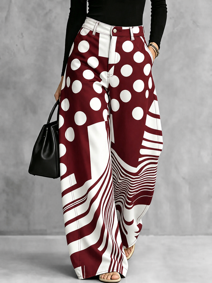 Pantalon rayé boutonné ample à fermeture éclair, à pois, à poches, à jambes larges, couleur contrastée