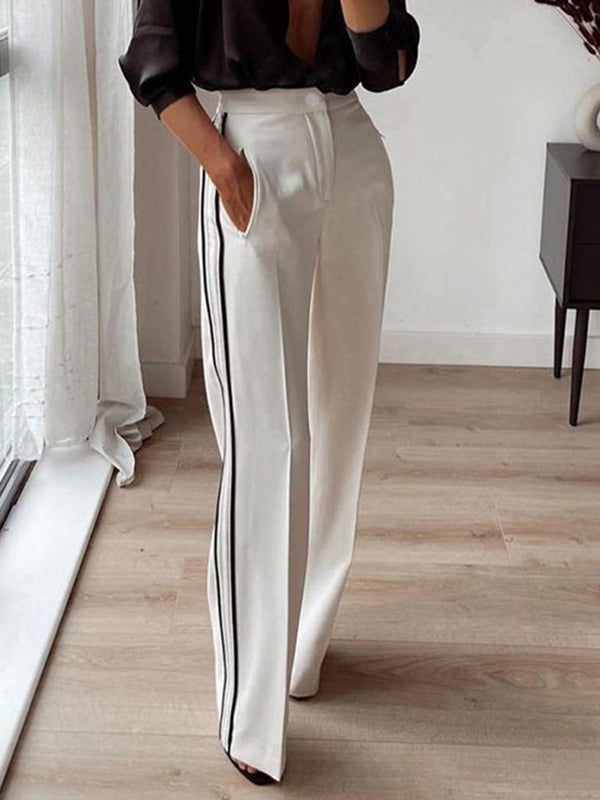 Pantalon ample rayé taille haute, à poches