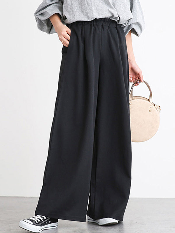 Pantalon taille haute à jambes larges, élastique, couleur unie, à empiècements, large côté