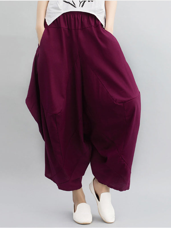 Sarouel artistique rétro, en coton et ramie, à taille élastique, couleur unie
