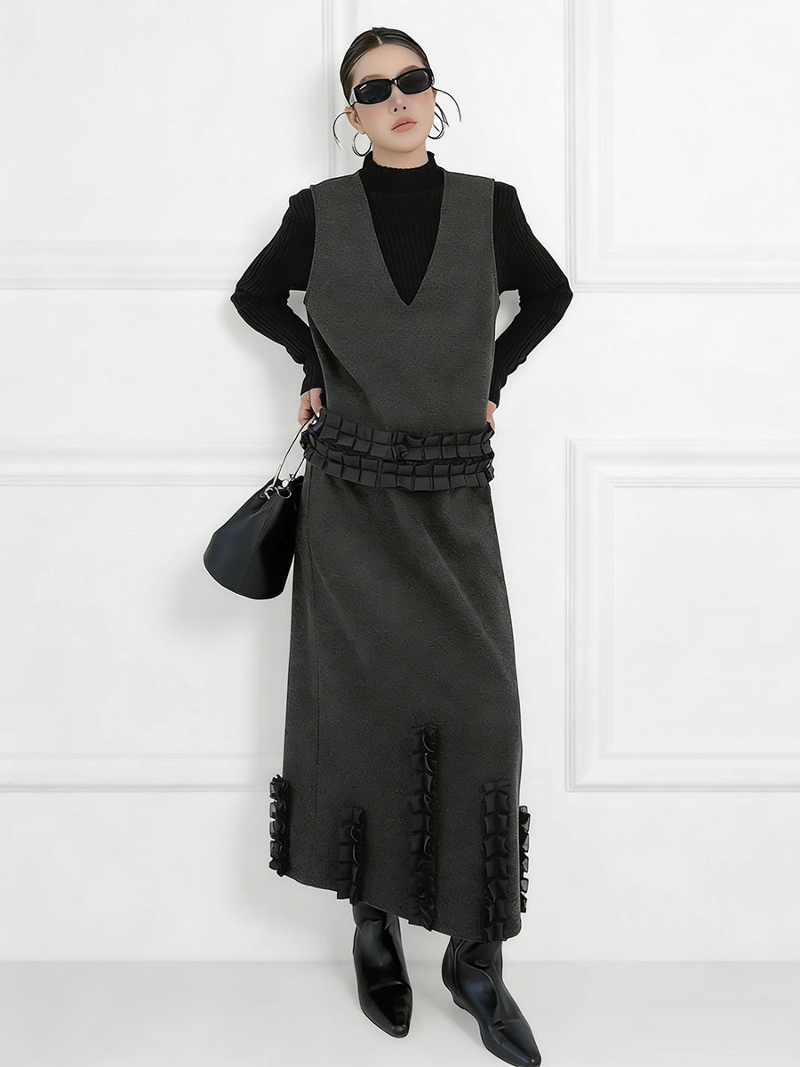 Ensemble deux pièces volanté plissé à empiècements, à col en V, à taille élastique, taille haute, couleur contrastée – débardeur + jupe