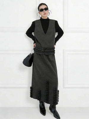 Ensemble deux pièces volanté plissé à empiècements, à col en V, à taille élastique, taille haute, couleur contrastée – débardeur + jupe