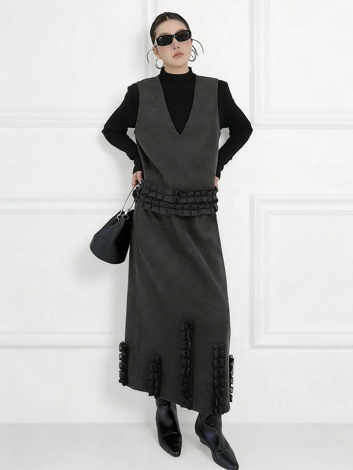 Ensemble deux pièces volanté plissé à empiècements, à col en V, à taille élastique, taille haute, couleur contrastée – débardeur + jupe