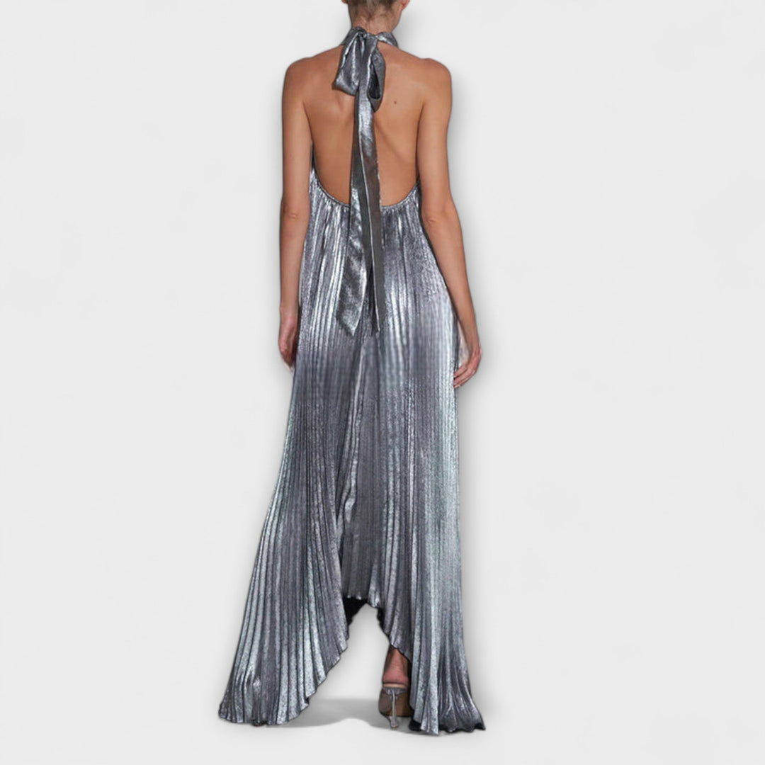 Calliope - Robe Maxi A-Ligne en Plissé Métallique