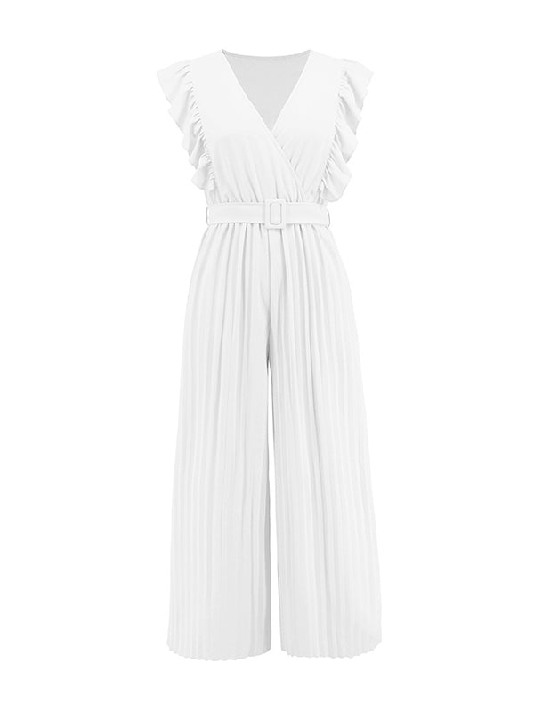 Combinaison ample plissée volantée taille haute, avec ceinture, à col en V, couleur unie