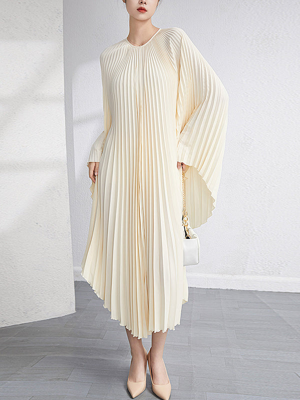 Robe longue ample plissée à manches chauve-souris, couleur unie