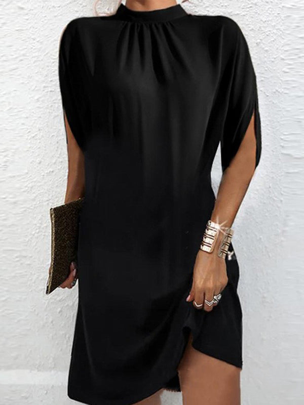Robe courte ample à manches raglan, à col cheminée, couleur unie