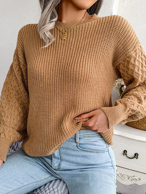 Pull ample à manches longues en tricot torsadé de couleur unie à col rond