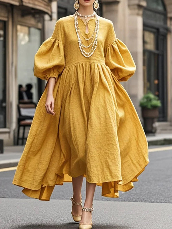 Robe longue ample à manches bouffantes, à col rond, couleur unie