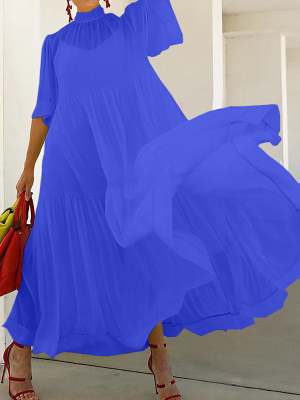 Ensemble deux pièces en maille plissée, ample, grande taille, couleur unie, fente à col montant, robes longues