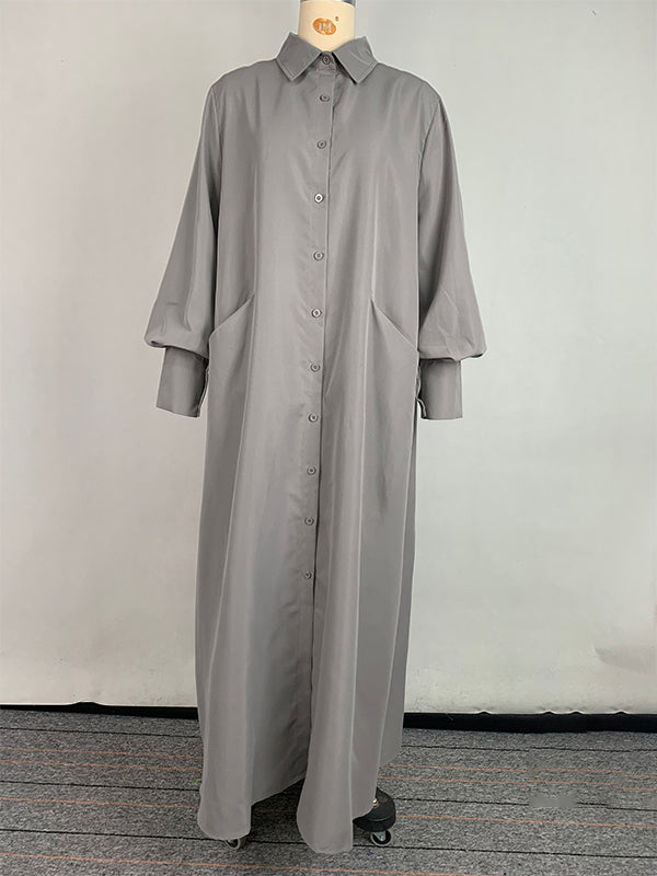Robe chemise ample fendue sur le côté à manches longues, à empiècements, à col revers, couleur unie