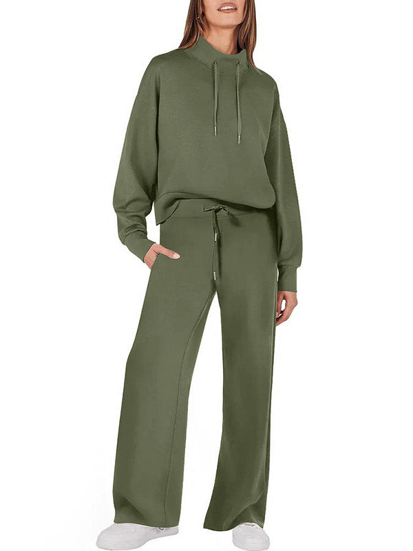 Ensemble deux pièces taille haute, manches longues, cordon de serrage, sweat-shirt fendu + pantalon/pantalon